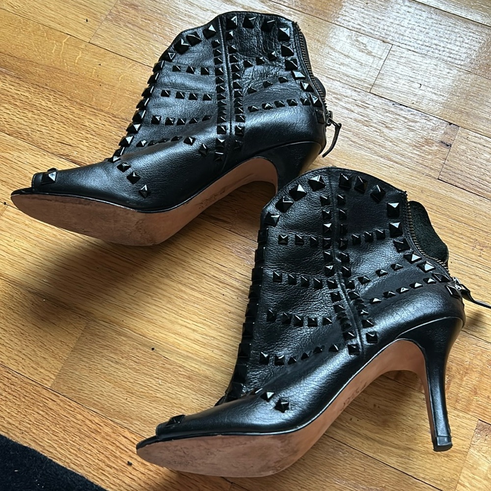 Black Leather Studded Cynthia Vincent Peep Toe Heel Booties - 8.5